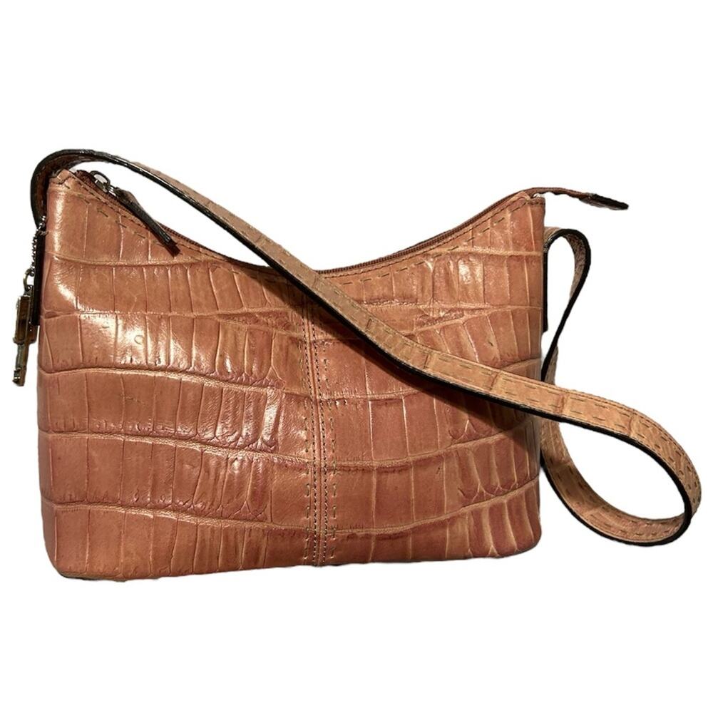 Fossil Croc Embossed Small Leather Hobo Shoulder Baguette bag Pink